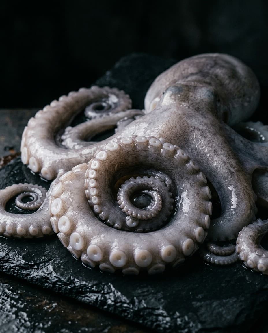 Fresh raw octopus on ice