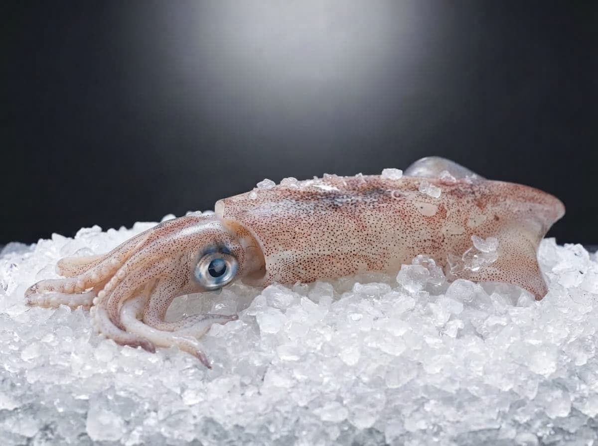 Fresh whole squid on ice, translucent, premium product photography