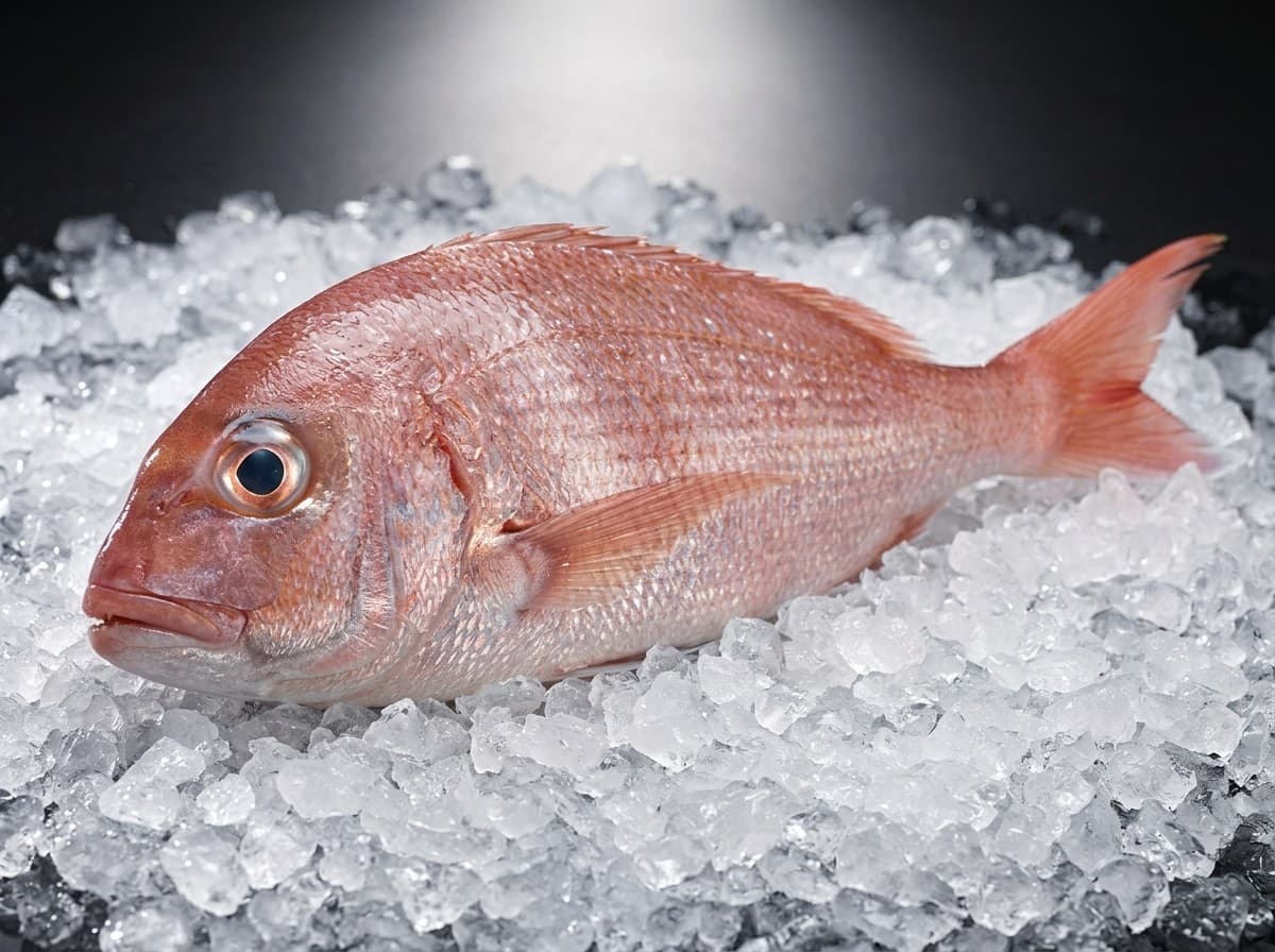 Large-eye dentex fresh whole fish, pink tones, on ice
