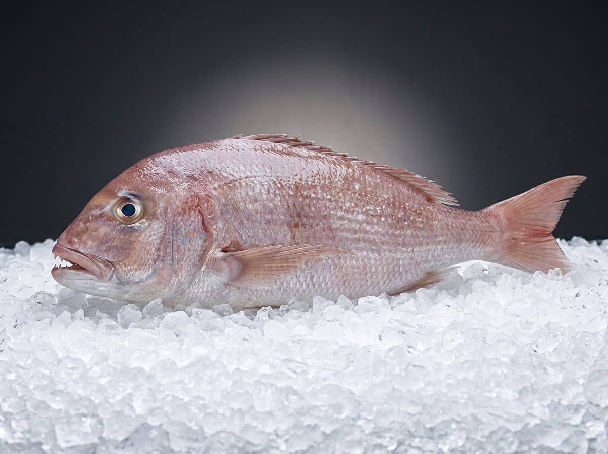 Large pink dentex whole fish, premium presentation on crushed ice