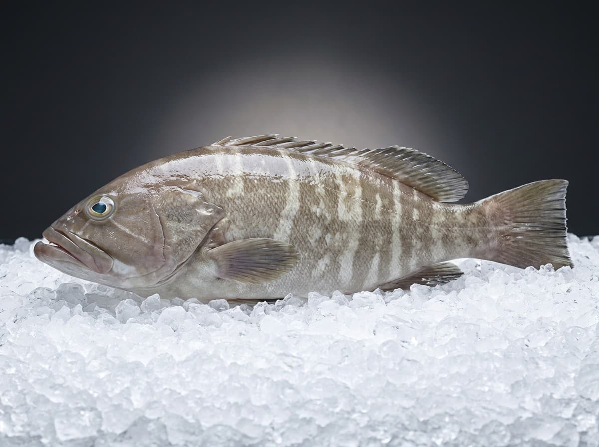Whole white grouper, fresh, studio product shot on ice