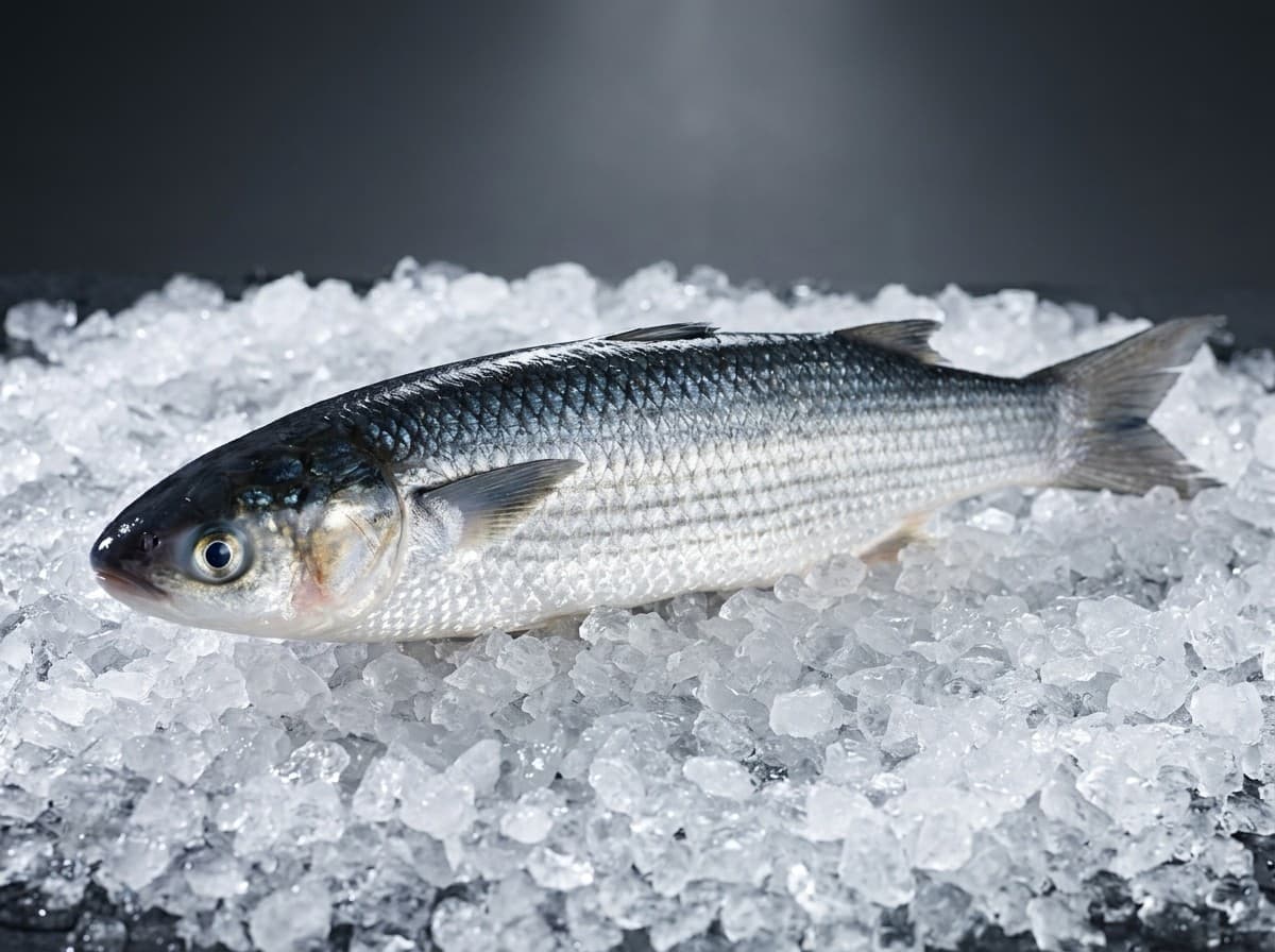 Black mullet whole fish on ice