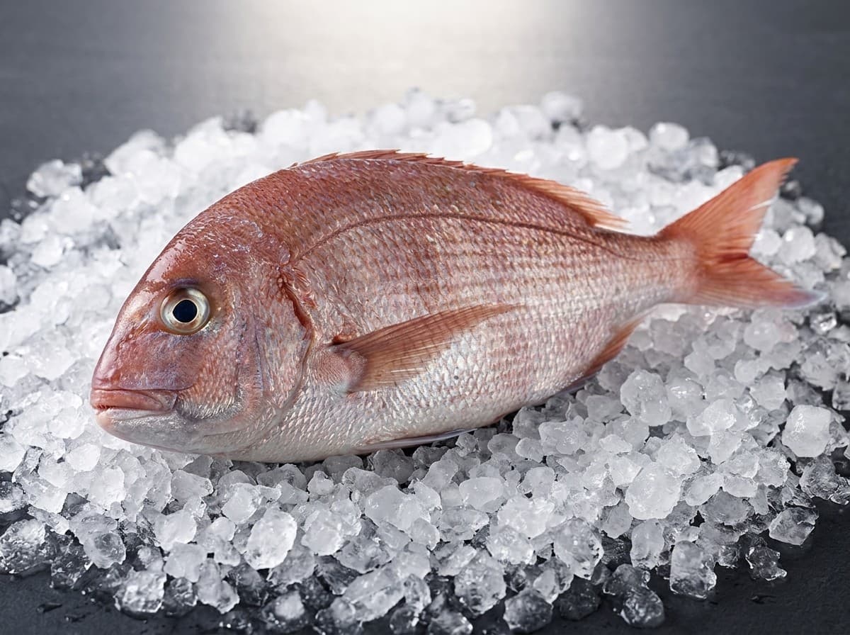 Red porgy whole fish, vivid colour, on ice
