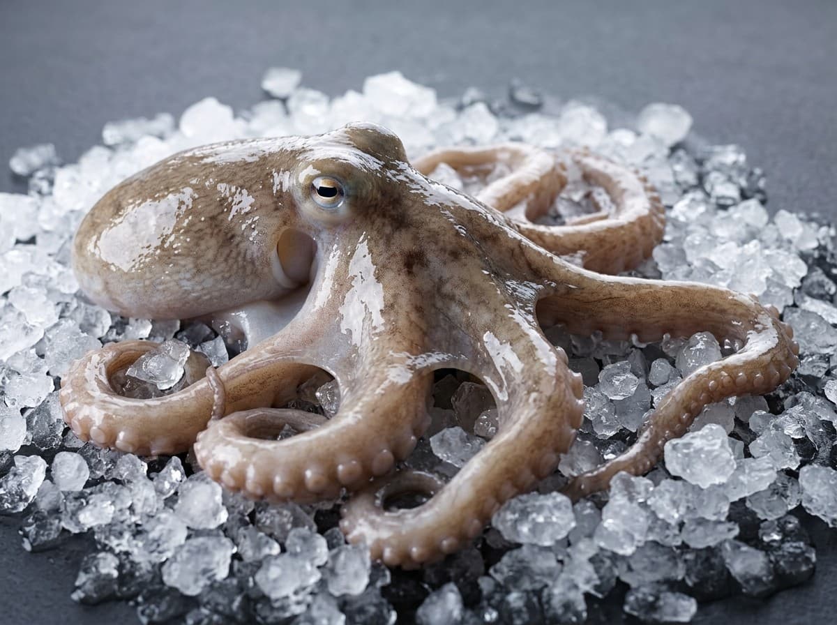 Fresh octopus on dark slate, tentacles arranged, cinematic side light
