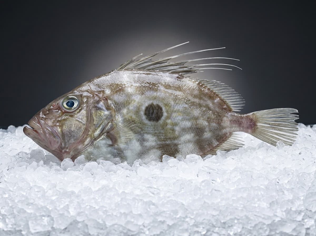 John Dory whole fish showing dark spot, dramatic studio lighting
