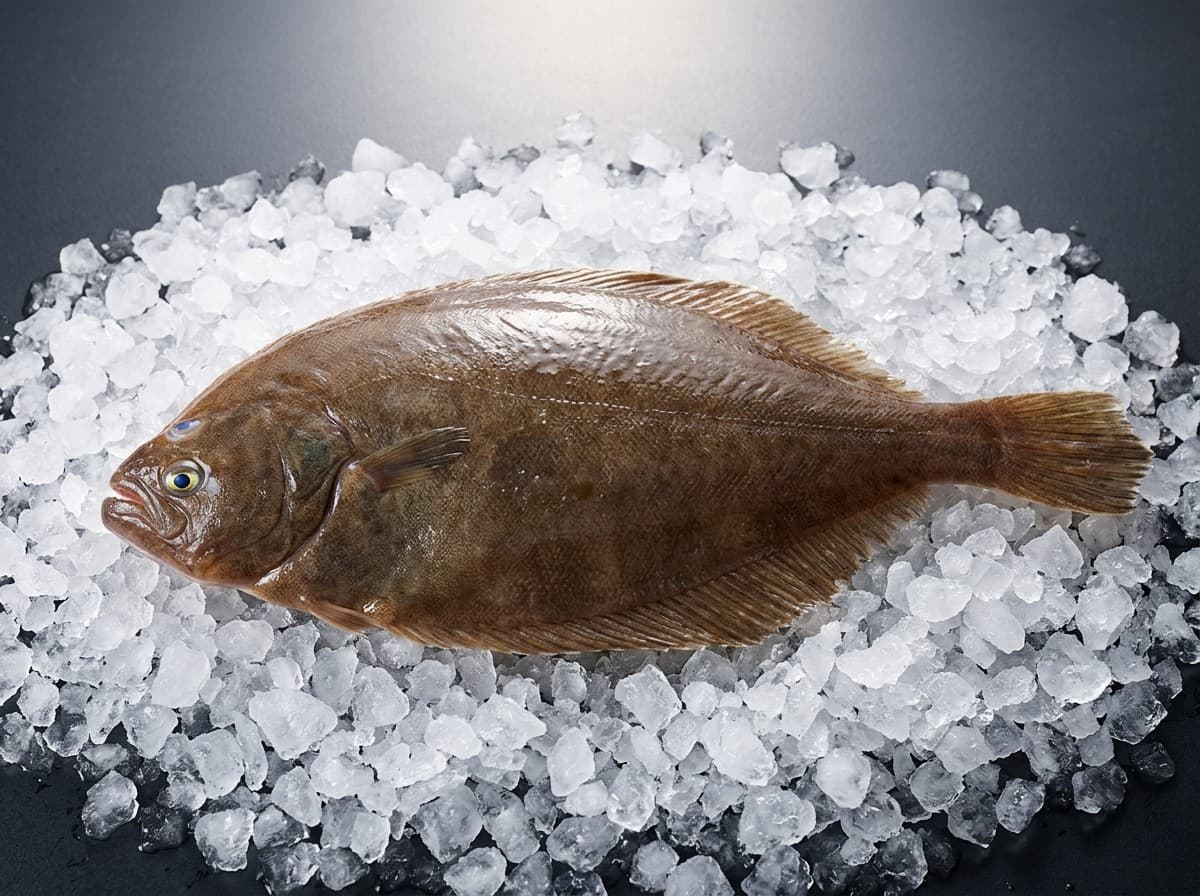 Senegalese sole flatfish on ice, top-down, clean studio light
