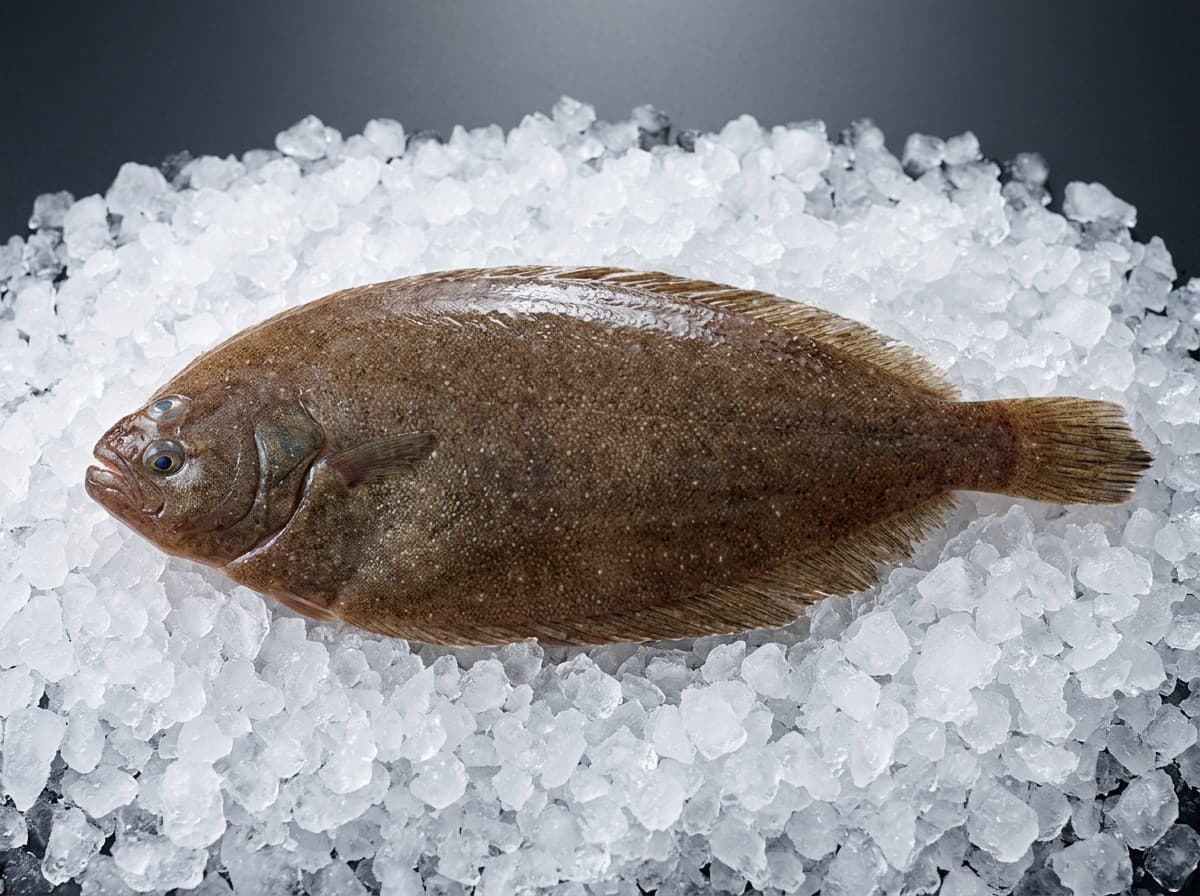 Guinean sole flatfish, whole, on crushed ice
