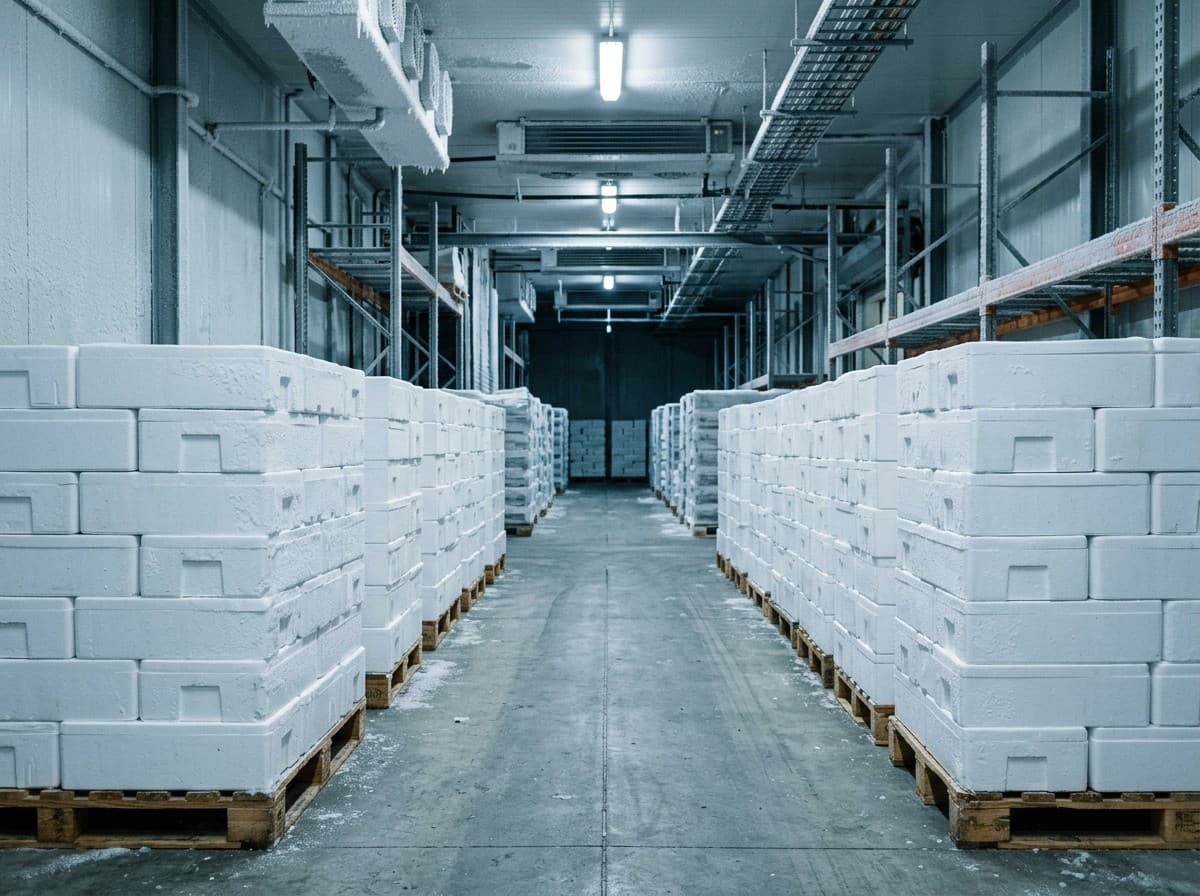 Polystyrene export boxes stacked on pallets in cold storage