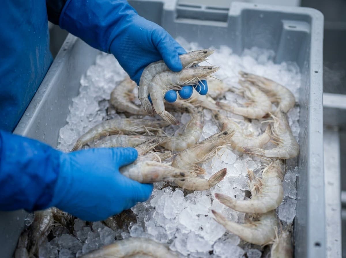 Gloved hands sorting the catch into iced crates