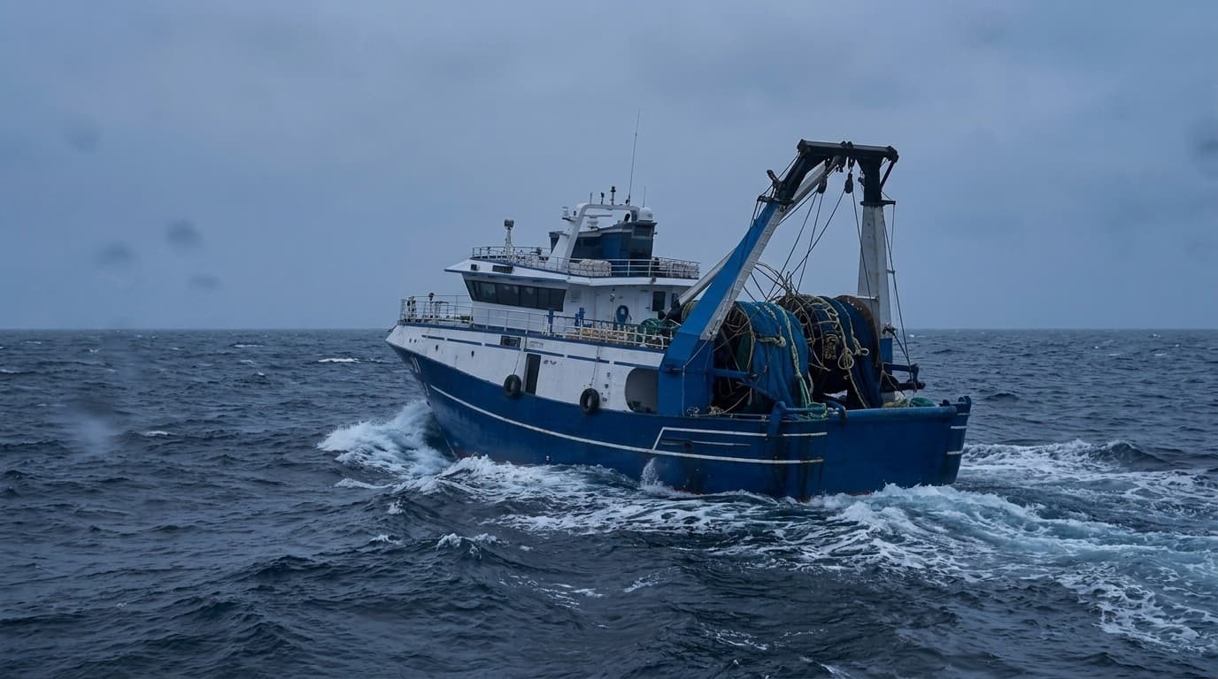 Trawler hauling its nets on the open Atlantic under overcast skies