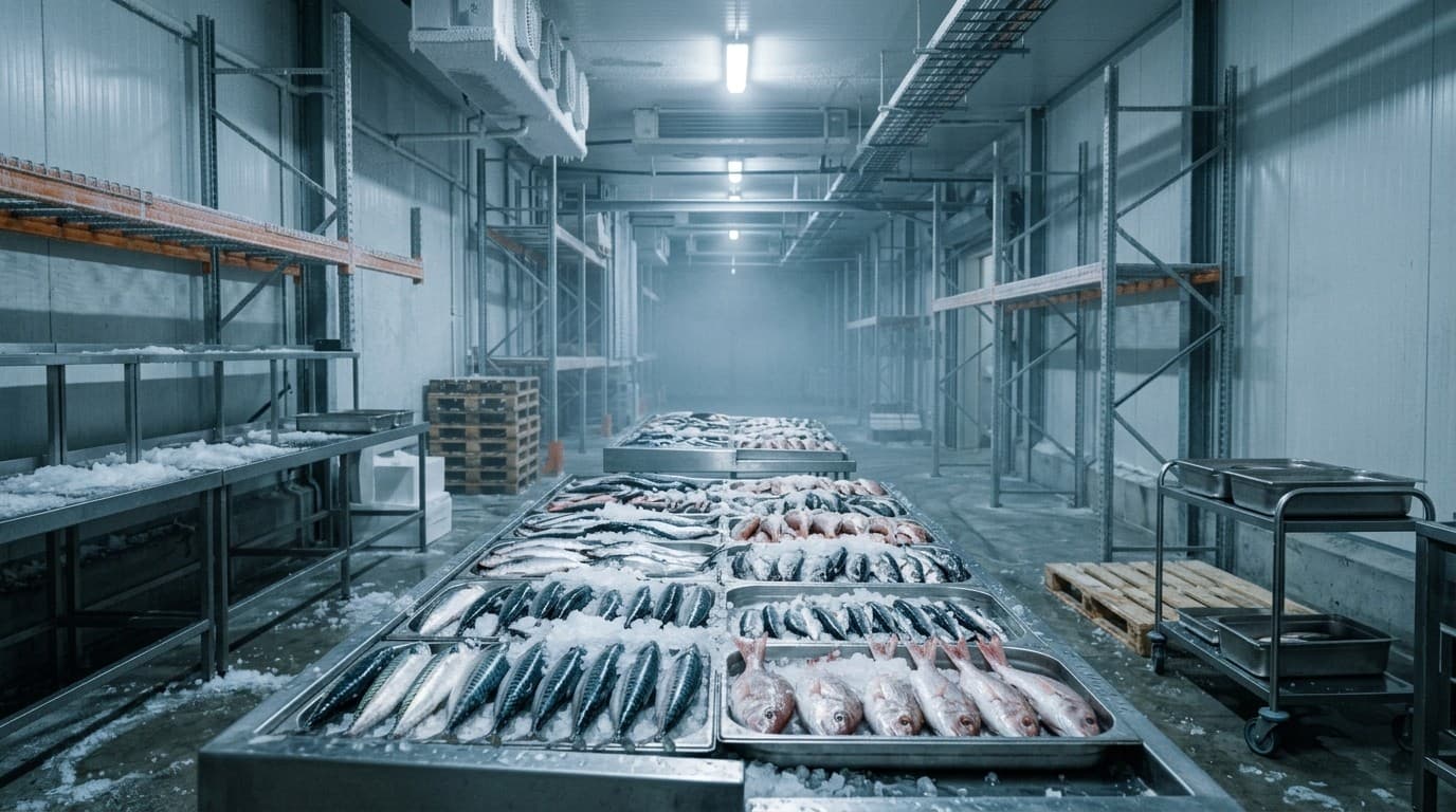 Graded fish held on ice in the cold store before shipment