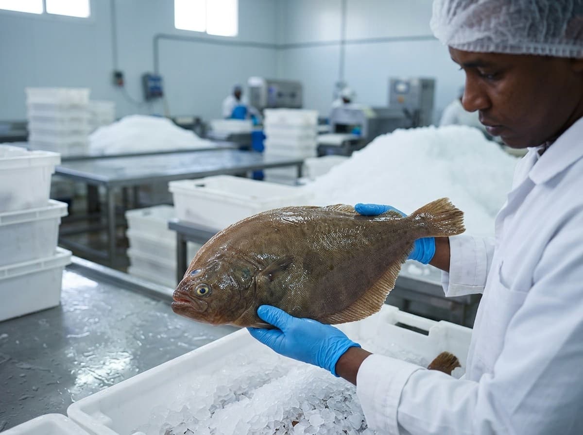 Quality controller inspecting a graded fish in the packing hall