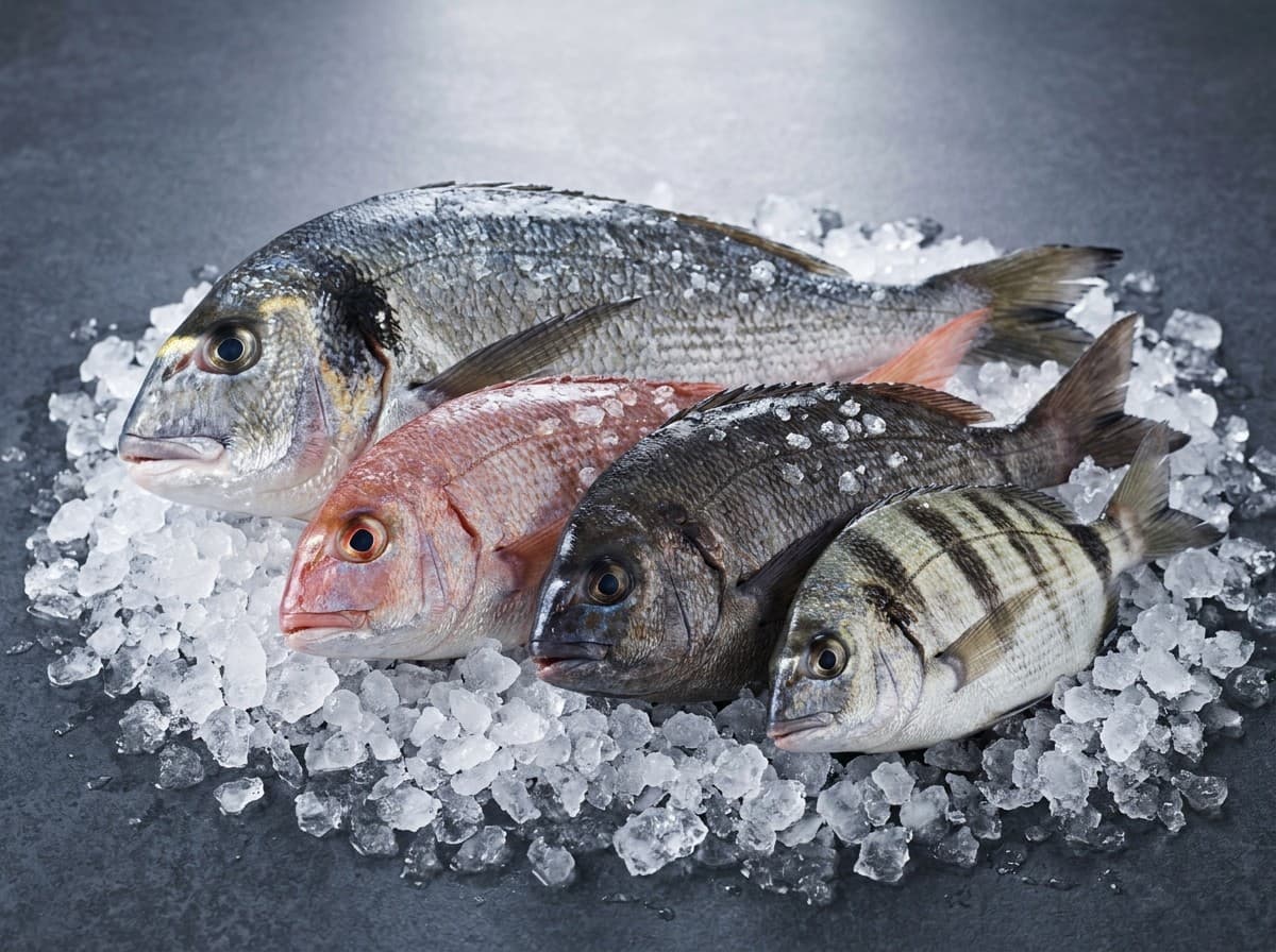 Assorted sparid fish species laid out on ice