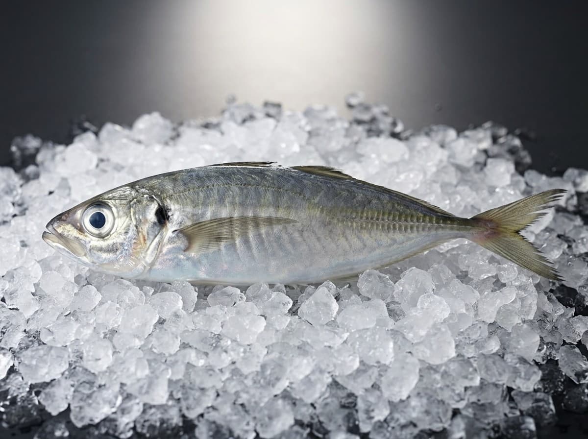 Horse mackerel packed in ice, silver fish, volume shot