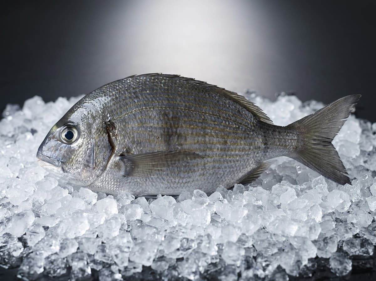 Black seabream whole fish, silver-grey, on ice