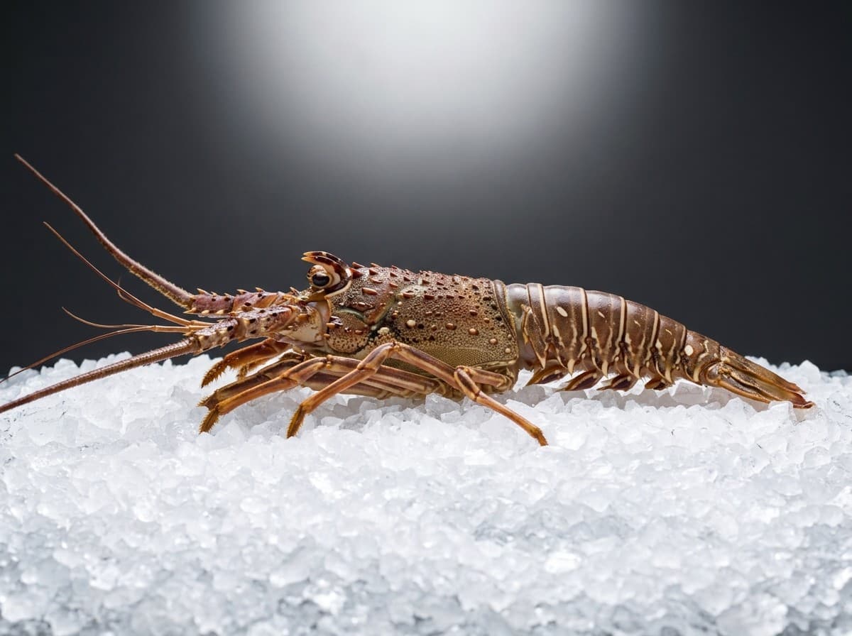 Spiny lobster whole on dark slate, dramatic lighting, luxury product shot
