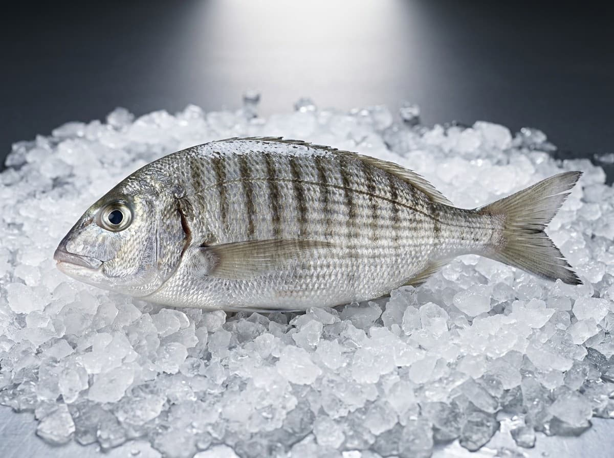 Striped seabream whole fish showing stripes, on ice