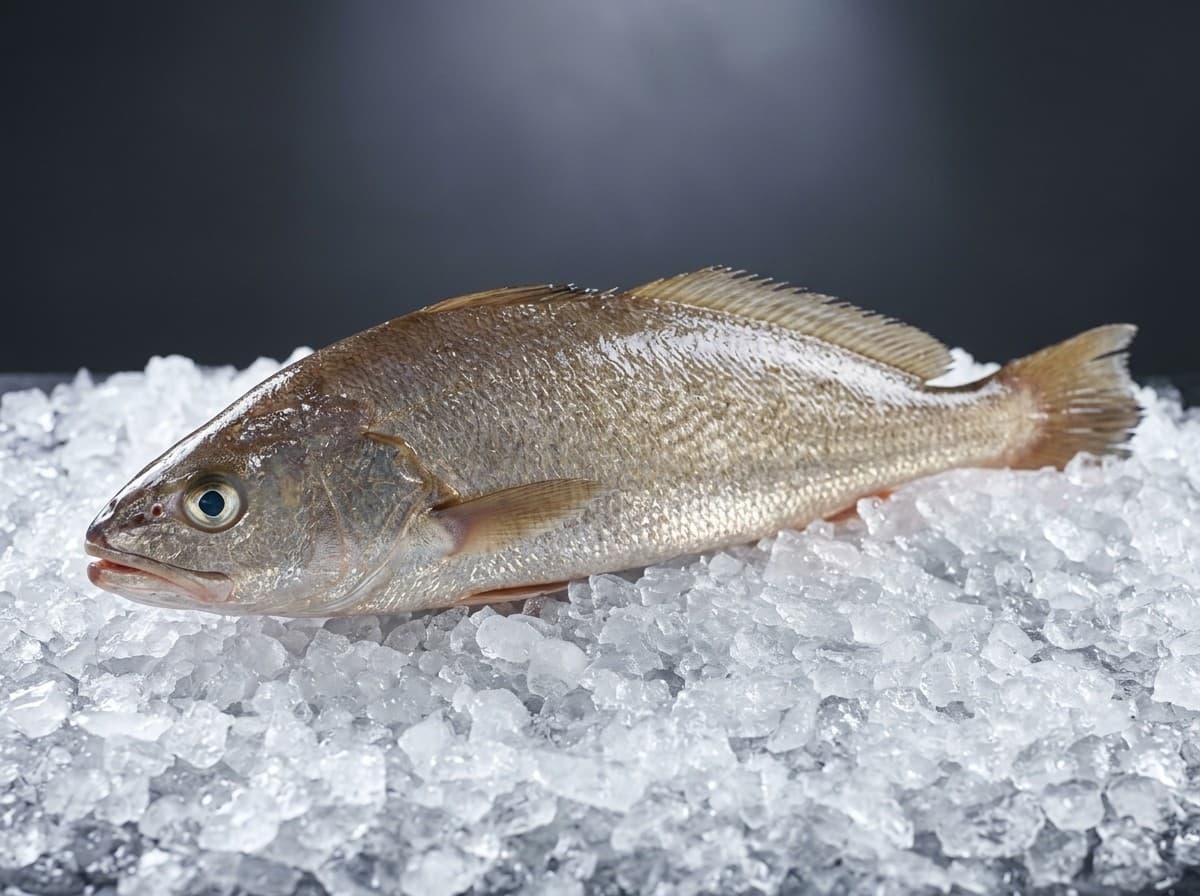 Cassava croaker whole fish, silver skin, on crushed ice