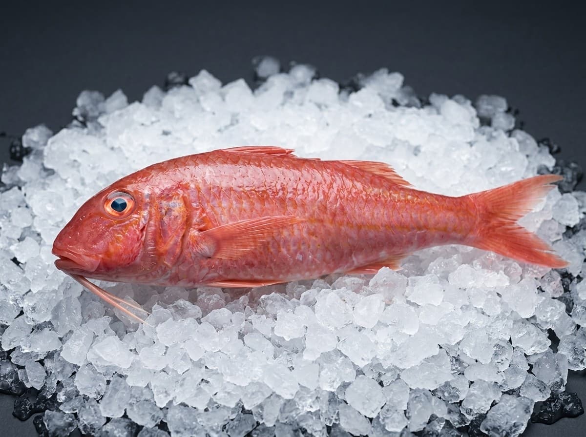 Red goatfish whole fish, vivid red skin, on ice