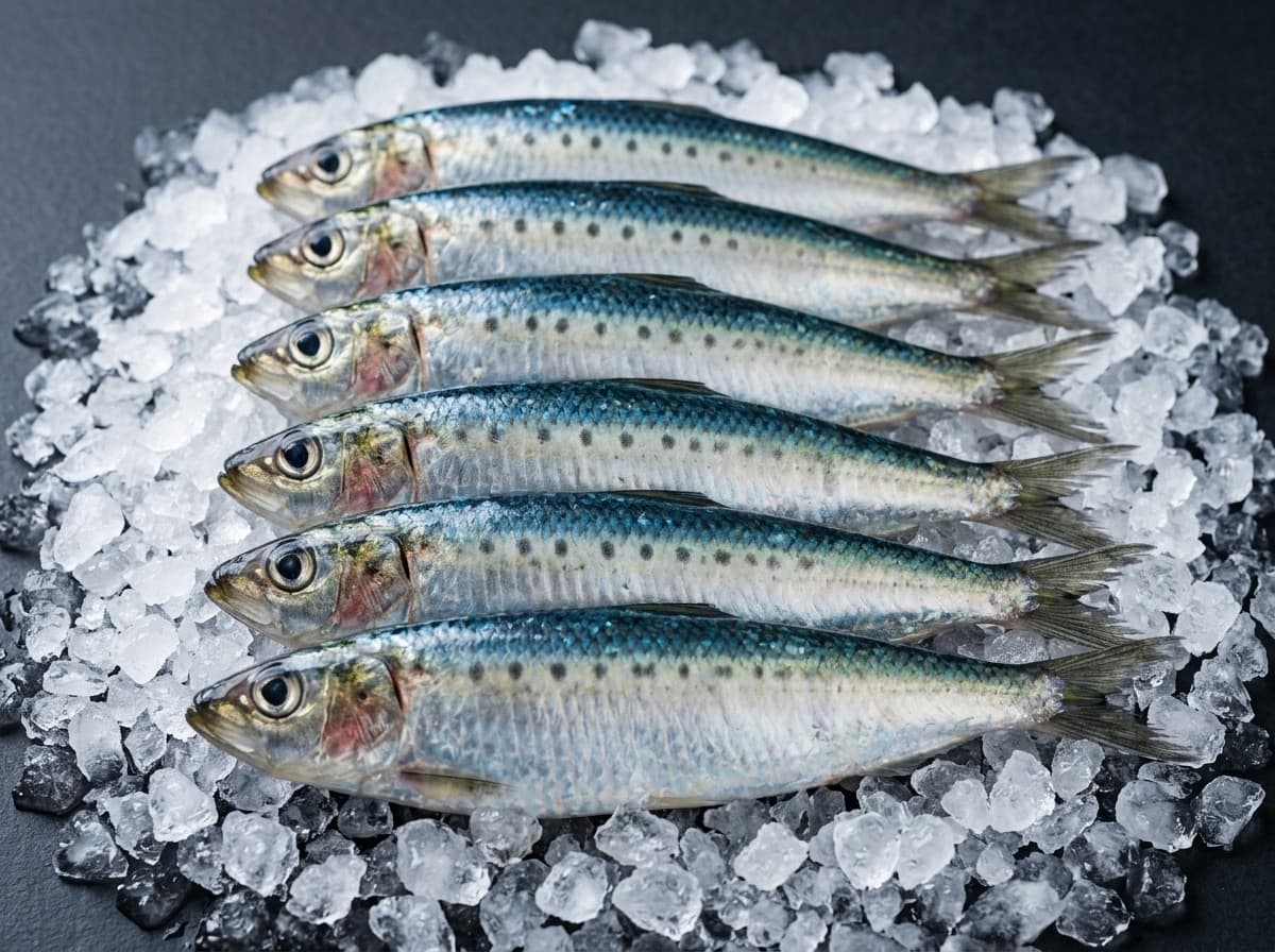 Fresh sardines arranged in rows on ice, silver skin texture
