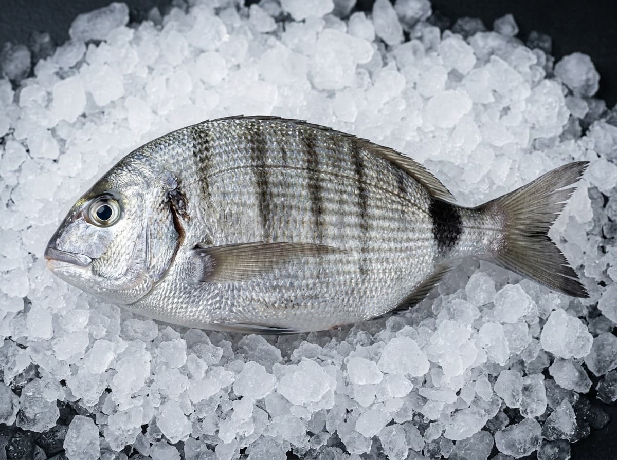 White seabream sargo whole fish on ice