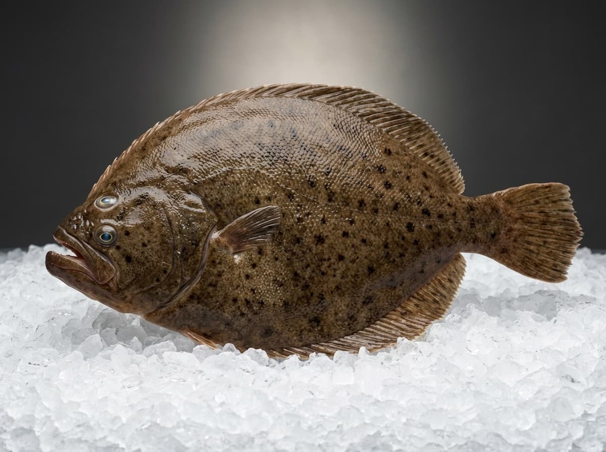 Spotted spiny turbot flatfish, whole, on crushed ice