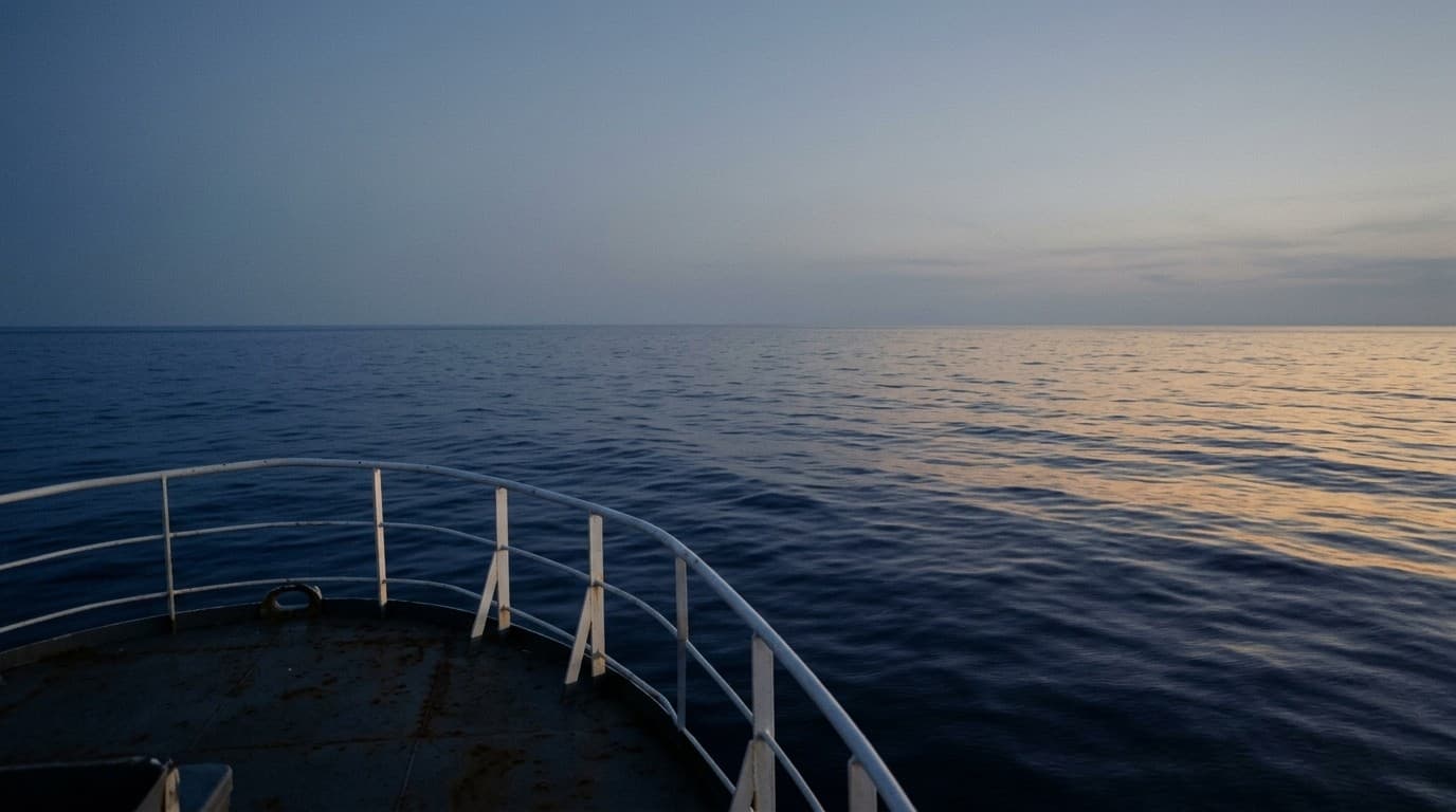 Calm Atlantic water at dusk seen over the bow rail
